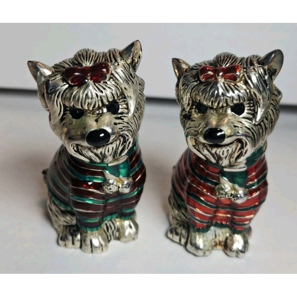 Yorkie Dogs Silver Metal Salt Pepper Shakers Green Red Enamel Sweaters Yorkshire